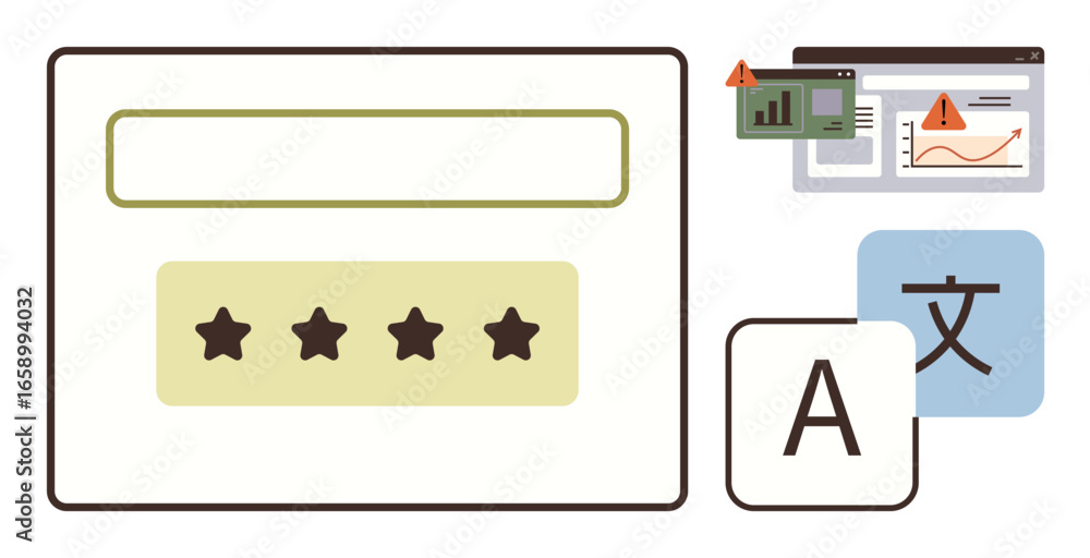 Poster star rating system, language translation icon, and alert over analytics graphs. ideal for cybersecur