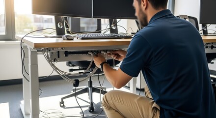 Focused Man Managing and Connecting Complex Wiring Beneath an Ergonomic Office Desk in a Contemporary Workspace
