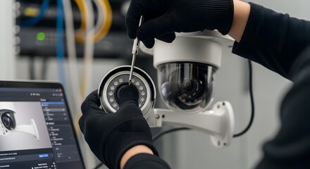 Professional Technician Installing and Servicing Modern CCTV Security Cameras with Laptop for Surveillance System Setup