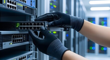IT Engineer's Hands Installing Network Switch in Server Rack at Modern Data Center for Cloud Computing and Information Technology Maintenance