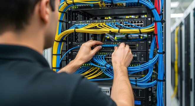 IT Engineer Installing and Managing Network Cables in a Server Rack for Data Center Connectivity and Infrastructure Maintenance