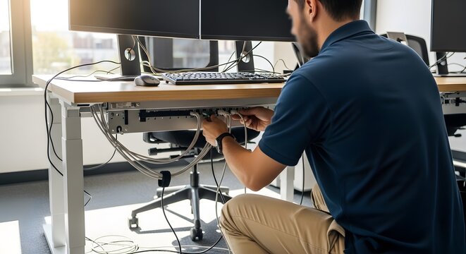 Focused Man Managing and Connecting Complex Wiring Beneath an Ergonomic Office Desk in a Contemporary Workspace