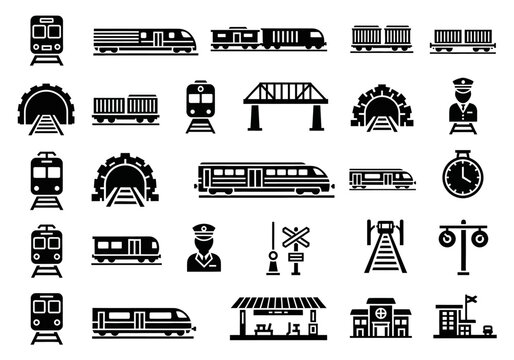 Collection of various train and railway transportation related icons in black and white.