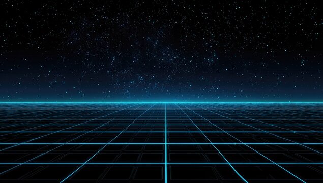 Futuristic grid landscape under a night sky