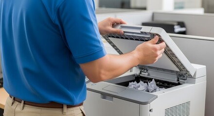 Office Worker Troubleshooting Paper Jam in Printer: Hands Clearing Crumpled Sheets from Malfunctioning Machine in Workplace Environment