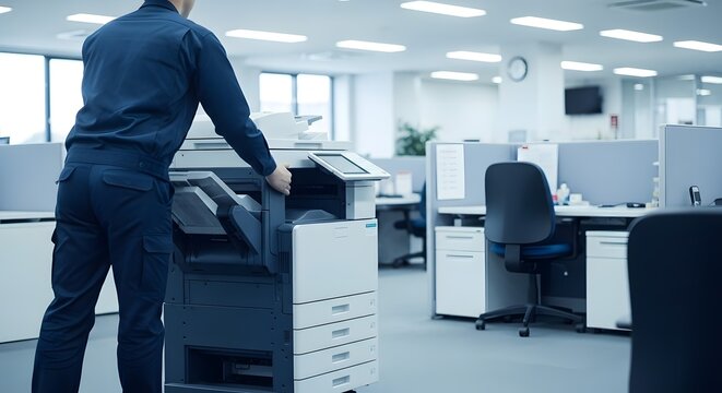 Professional in Uniform Operating a Multifunction Printer in a Modern Office Space, Showcasing Daily Business Operations and Technology Maintenance
