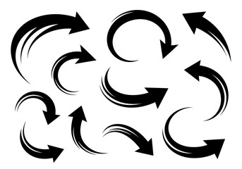 A collection of various black curved arrows with dynamic motion lines, pointing in different directions.
