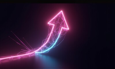 A vibrant neon arrow, glowing pink and blue, surges upward with a digital network trail on a dark background.