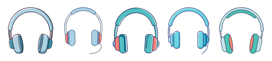 A collection of headphones in various shades of blue and some with orange