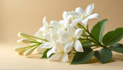 Close-up of white Mogra or Arabian Jasmine flower buds, blossoms on soft beige background. Illustration features delicate white petals, green leaves, with subtle focus on natural beauty, fragrance.