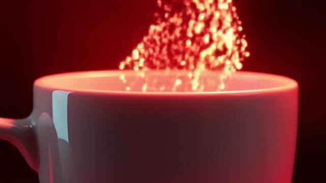 Magical coffee cup glowing with glittering particles floating upwards on a dark background, tech drink concept. 4k video