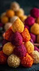 Motichoor ladoos arranged pyramid shape vibrant Indian sweet vertical wallpaper
