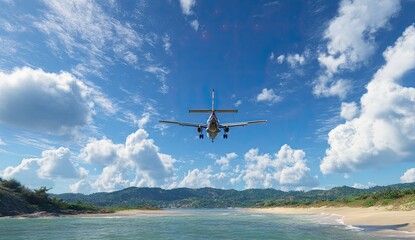 Airplane landing over tropical beach