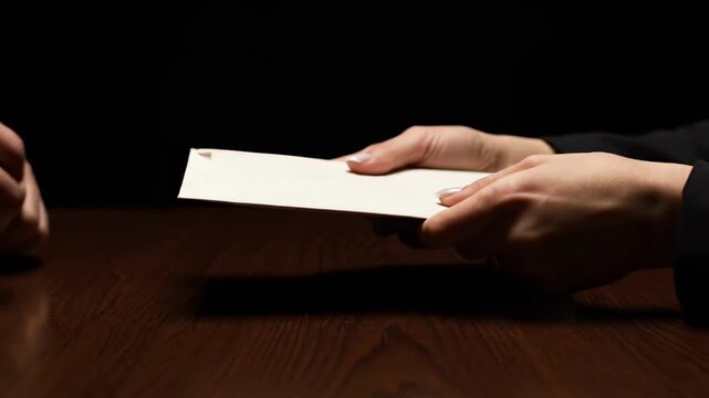 Confidential exchange: Two hands reaching for a sealed envelope on a polished wooden table, hinting at important business dealings or secret information transfer.