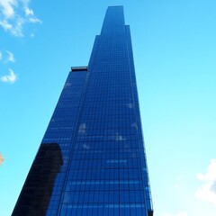 Fototapeta premium Modern skyscraper with blue glass windows reflecting the sky and clouds in a Moscow business district