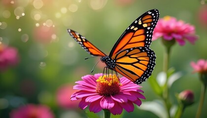 Fototapeta premium Monarch butterfly with vibrant orange, black wings rests on pink zinnia flower. Soft bokeh lights in background create magical, dreamy atmosphere. Illustration captures delicate beauty of nature with