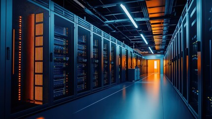 A server room with rows of server racks and bright lights illuminating the long central hallway area