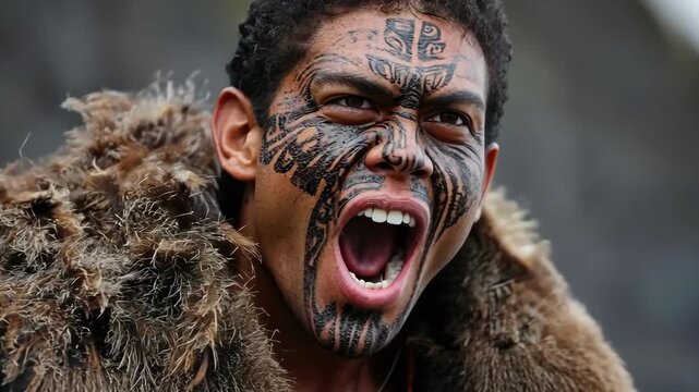 Fierce Maori warrior with traditional face tattoos and fur collar screaming.