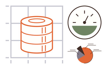 Stack of database cylinders, speed gauge, pie chart, and grid in clean flat style. Ideal for data management, performance tracking, analytics, metrics, monitoring reports simple flat metaphor