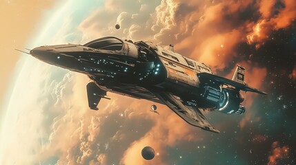 Obraz premium A futuristic spaceship flying through a nebula with planets in the distant background view from below