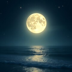 Full moon shining over the ocean with stars and moonlight reflecting on the water