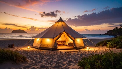 Luxurious glamping bell tent illuminated on a serene sandy beach at sunset, an idyllic oceanfront vacation retreat.