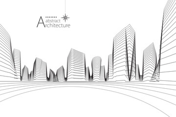 3D illustration of an abstract urban landscape featuring imaginative architectural line art.
