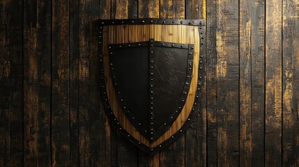 Fototapeta premium Medieval shield on a wooden backdrop evoking ancient tales and brave knights protection and history