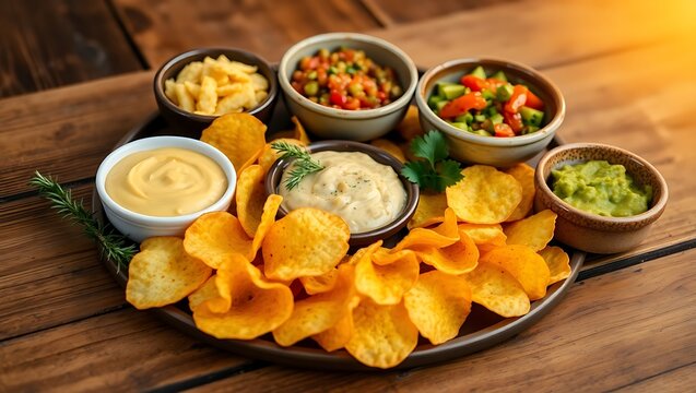 Golden potato chips with assorted dips on a wooden table ready to be enjoyed on transparent background