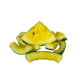 a slice of yellow watermelon surrounded by the eaten peel on a transparent background.A slice of yellow watermelon surrounded by the eaten peel. On a transparent background.