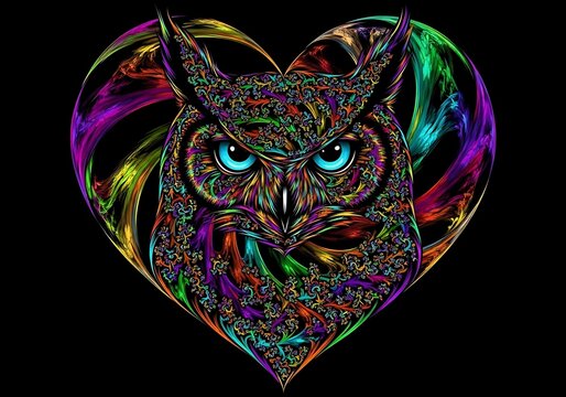 Vibrant psychedelic heart shaped owl portrait with electric blue eyes and black background