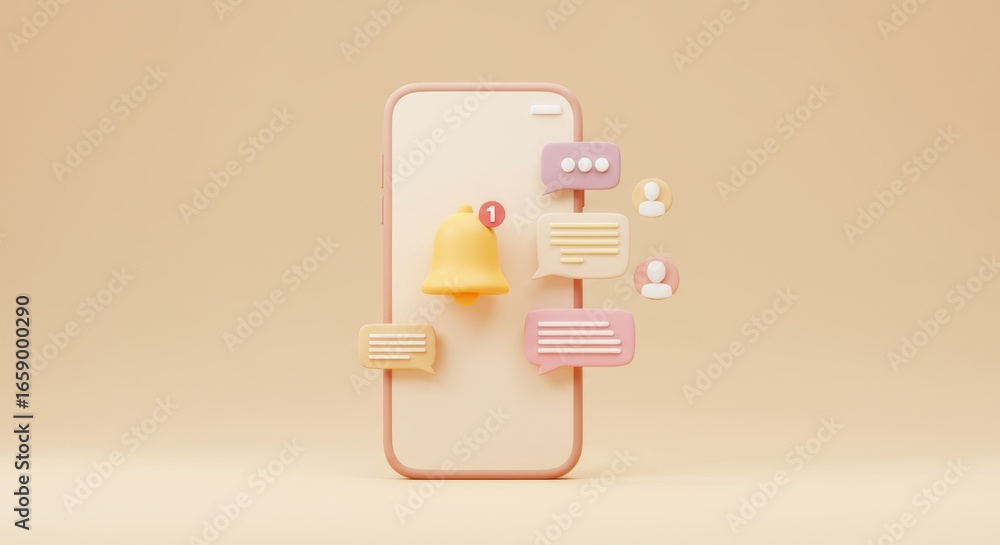 Poster stylized mobile interface displaying dynamic notifications for messaging interaction