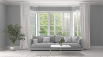 Fototapeta premium A modern living room with a light gray sofa, white coffee table, large bay windows with curtains, potted plant, and light - colored flooring, showing minimalist interior design.