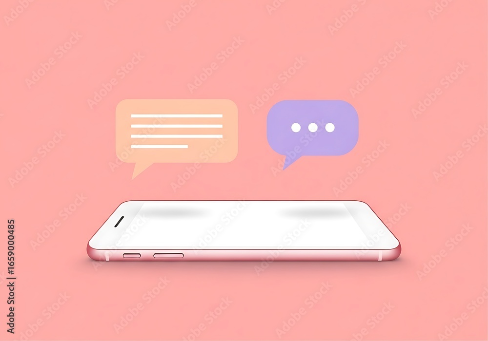 Wall mural modern smartphone displaying chat bubbles with communication icons on a soft pink background