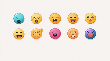 Obraz premium Collection of ten colorful cartoon emoji faces expressing various emotions on a white background