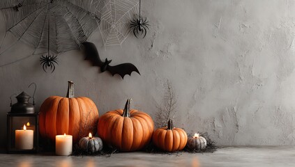 Halloween Background with Spider Web, Bats, Pumpkins, and Party Decorations on Gray Wall with Copy Space