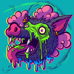 Acid trippy illustration of a wild pig surrounded by slime. Crazy insane boar with funky vibes and piercings screaming and sticking its tongue out.