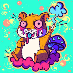 Trippy acid cartoon illustration of a stoned hamster on a cloud near a mushroom. Psychedelic anthropomorphic rat with neon funky vibes.