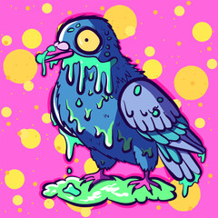 Acid trippy illustration of a stoned pigeon surrounded by green slime. Neon psychedelic bird with funky vibes