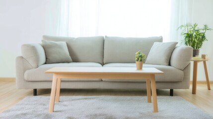 Obraz premium A bright living room features a light gray sofa with cushions, a wooden coffee table with a small potted plant, a side table with a larger plant, white curtains, and a rug on wooden flooring.