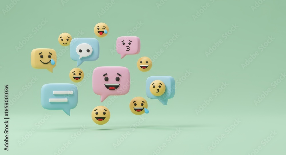 Poster vibrant 3d emoji and speech bubble array against a muted green backdrop conveys social communication