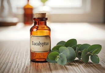 Obraz na płótnie Canvas Amber glass bottle with eucalyptus essential oil and fresh eucalyptus leaves on a wooden surface