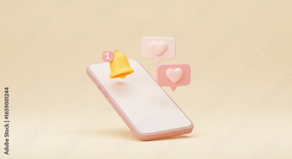 Poster minimalist phone with notifications and hearts, capturing modern digital interaction and connection