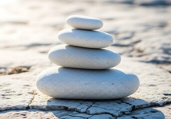 Stack of smooth white stones balanced on a rocky shore with soft natural light
