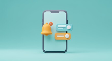 Stylized mobile phone showcasing a notification bell and message bubbles against teal backdrop