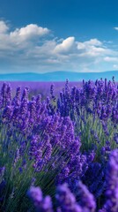 Obraz premium Purple lavender fields bright blue sky vibrant summer floral mobile background
