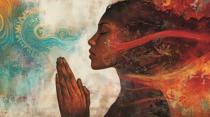 Artistic portrait of a woman in prayer with floral and mandala elements in a colorful painting