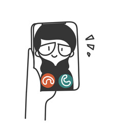 doodle cute person doing video call on mobile phone in cartoon sketch style