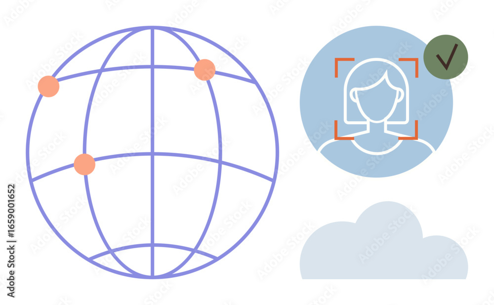 Poster globe with multiple points, facial recognition with checkmark, and cloud icon. ideal for online secu