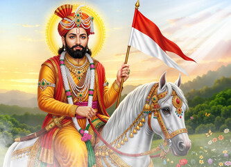 Illustration of baba ramdev on horse Clouds & Rays
